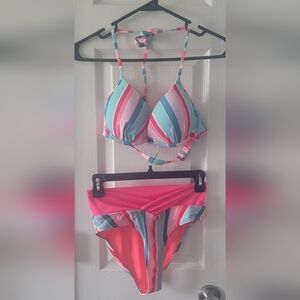 Bingo Surf Womenes Striped Bikini Set in Pink and Blue